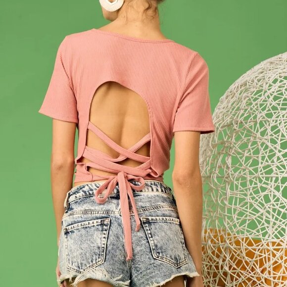 ✨NWT BiBi Rib Knit with Back Cross and Tied Detailed Top - Picture 5 of 16